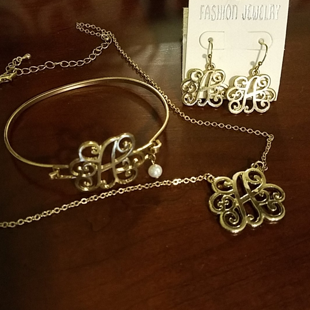 Gold A earrings, bracelet, & necklace